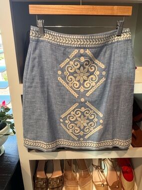 Boden Light Blue Chambray A-Line Skirt with Cream Embroidery